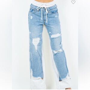 Distressed Combo Denim French Terry Jeans